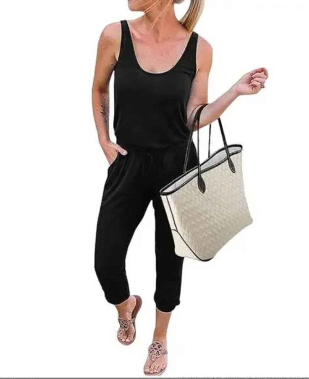 Kirundo Black Knit Sleeveless Drawstring Waist Casual Jumpsuit Women Sz L NWT